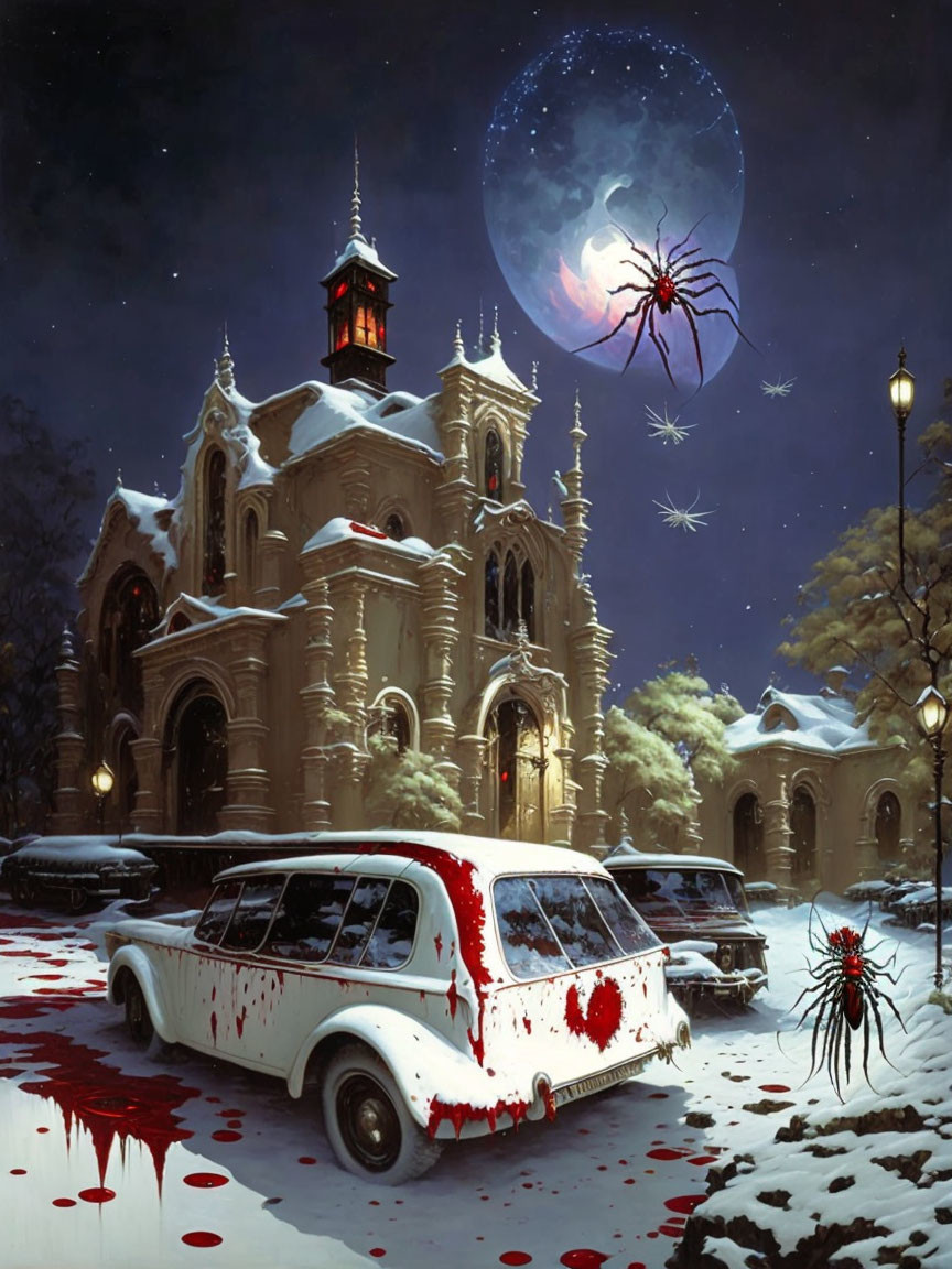 Gothic building, vintage car, spiders, full moon in spooky winter scene