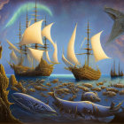 Sailing ships and leaping orca on turbulent seas under aurora borealis