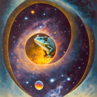 Cosmic frog on loop with galaxies, stars, planets, surreal celestial landscape