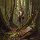 Horned warrior and reclining figure in forest with red petals