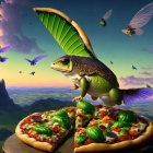 Surreal artwork: tortoise with butterfly wings on pizza pedestal