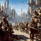 Futuristic soldiers in armor with rifles march through a city under blue sky