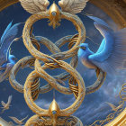 Luminous blue birds in golden infinity loops on celestial backdrop