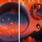 Surreal artwork: Hot air balloons, floating objects, fiery clouds, circular anomaly