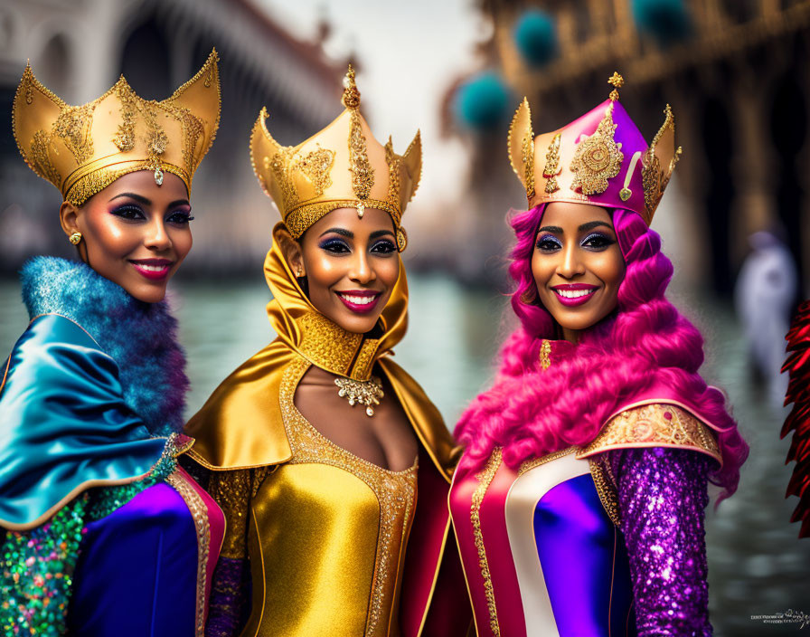 Three women in vibrant royal attire and crowns at festive event