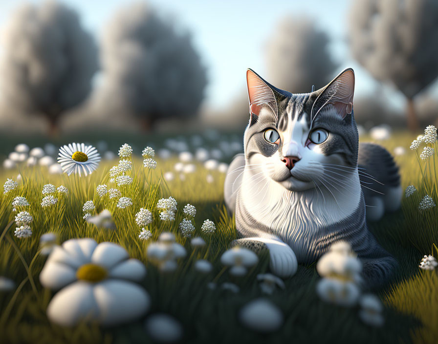 Grey and White Cat with Blue Eyes in Sunny Meadow with Flowers