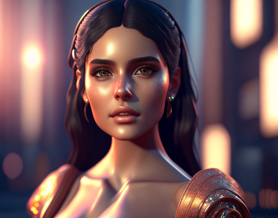 Fantastical digital artwork of a woman with glowing makeup in warm, bokeh-lit setting