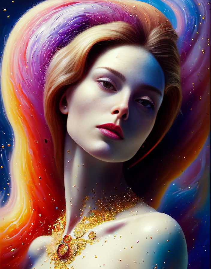 Colorful portrait of a woman with multicolored hair and golden glitter, evoking a cosmic vibe