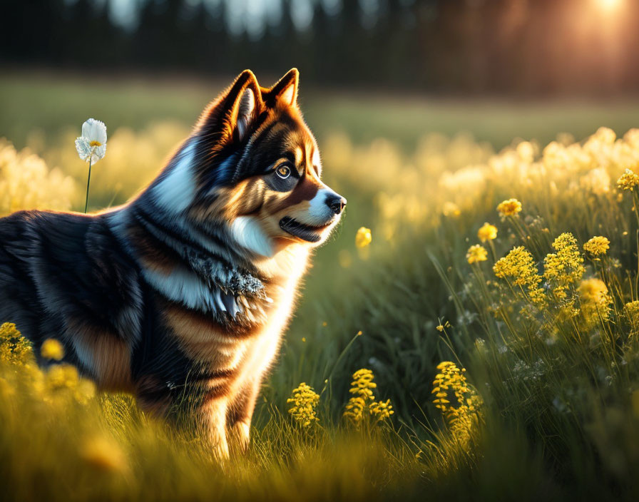 Bright-eyed husky in blooming meadow under warm sunlight