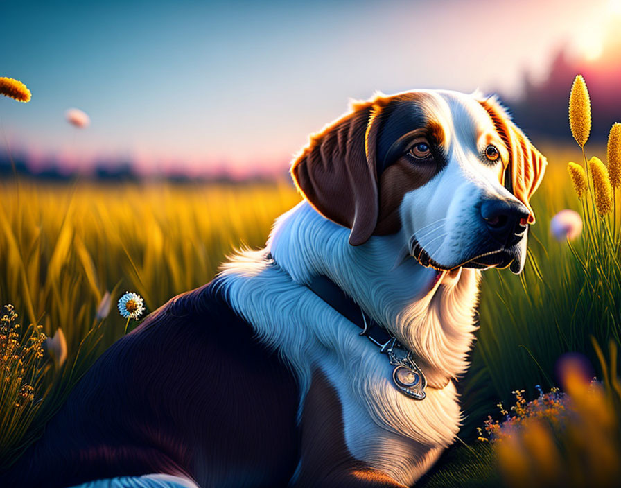 Brown and White Dog in Field at Sunset