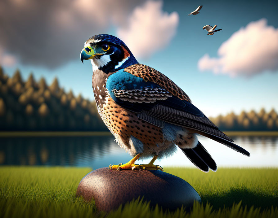 Majestic falcon on stone by serene lake and forest