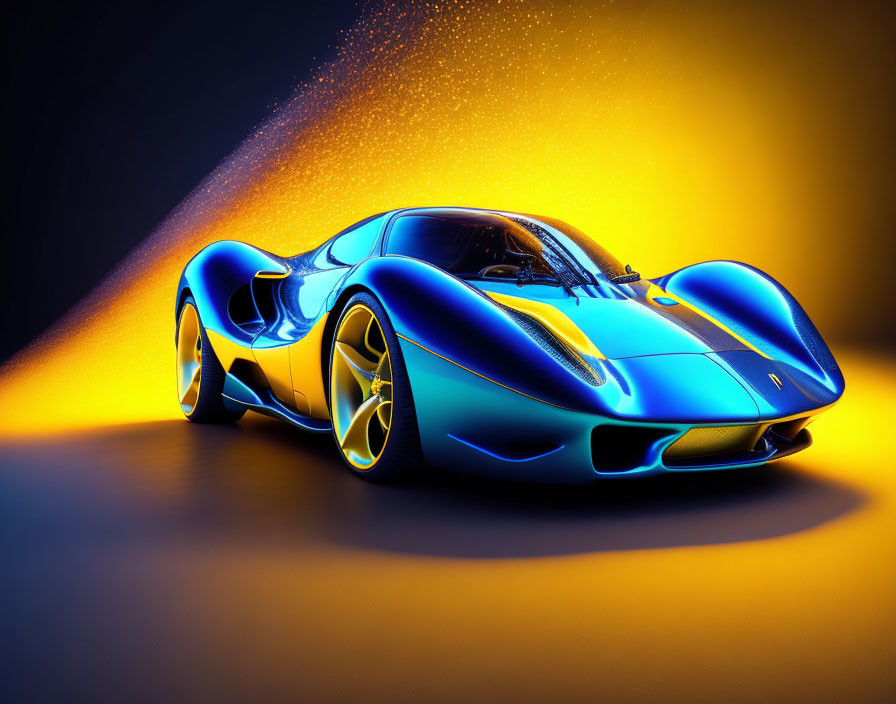 Blue Sports Car with Yellow Accents and Rims in Dramatic Lighting