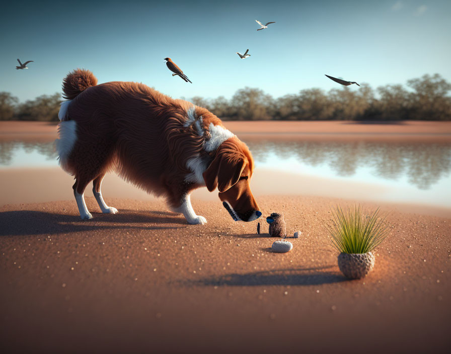 Curious dog observing small bird on sandy shore with seashells and grass, birds flying in sky