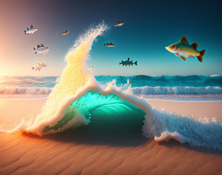 Tropical fish leaping from ocean wave under sunset sky