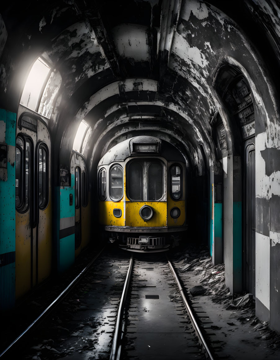 Decrepit abandoned subway train in dimly lit tunnel