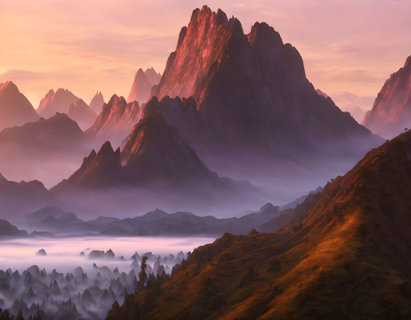 Majestic sunset landscape with misty valleys and rugged mountains