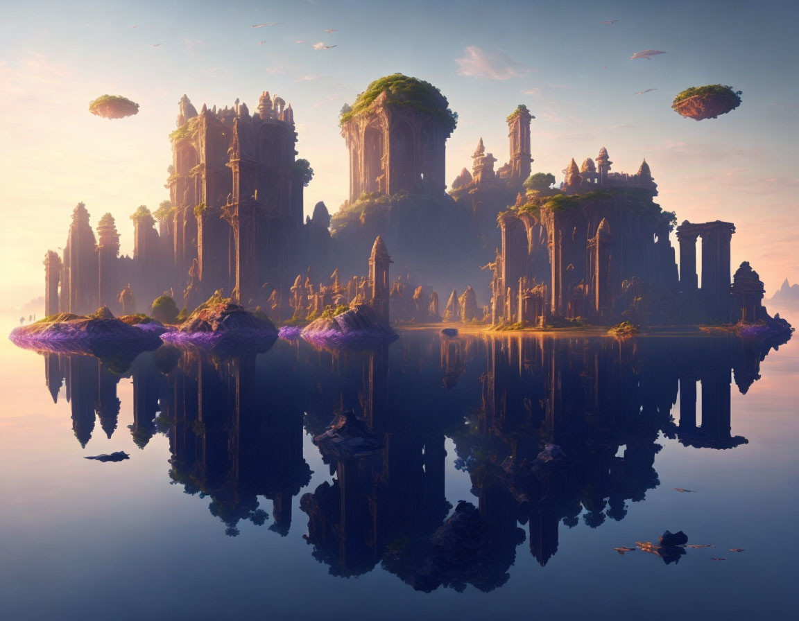 Majestic fantasy landscape: towering rocks, ancient ruins, tranquil water, twilight, hazy sky