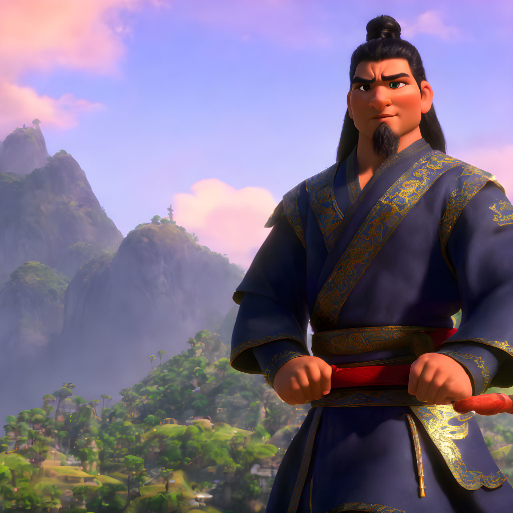 Confident animated character in traditional attire with sword against mountain backdrop