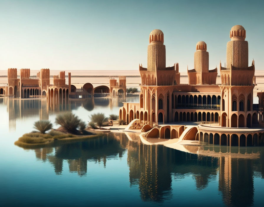 Traditional Middle Eastern architecture by serene waterway