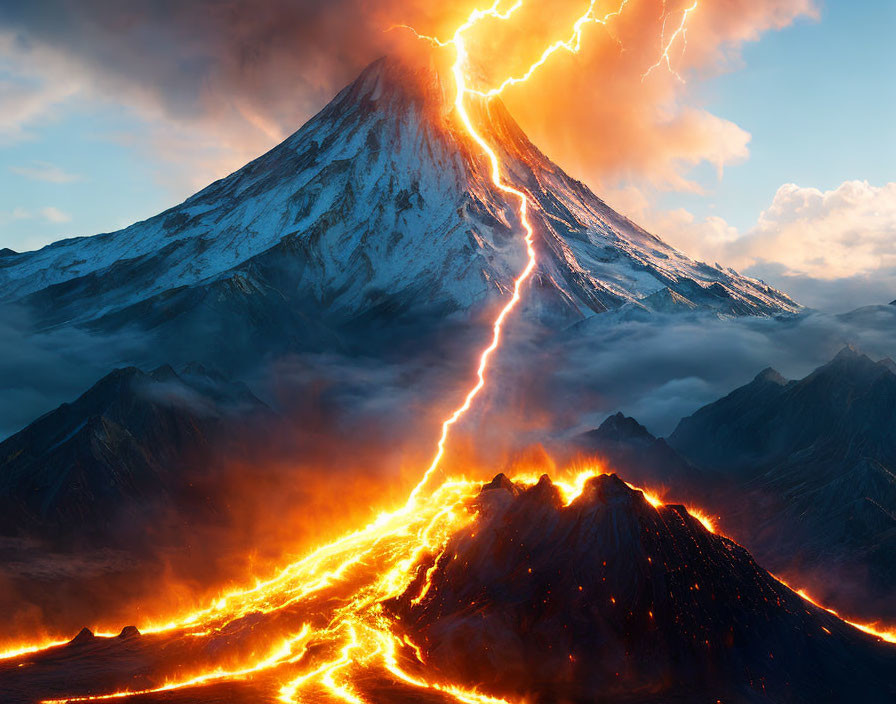 Volcanic eruption with lava flows, lightning strike, and snow-capped mountain