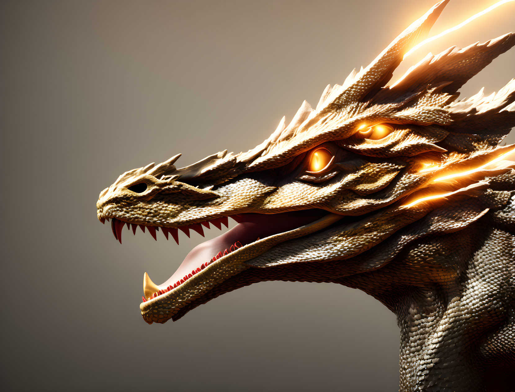 Detailed Dragon Head Image with Spine Flames & Orange Eyes