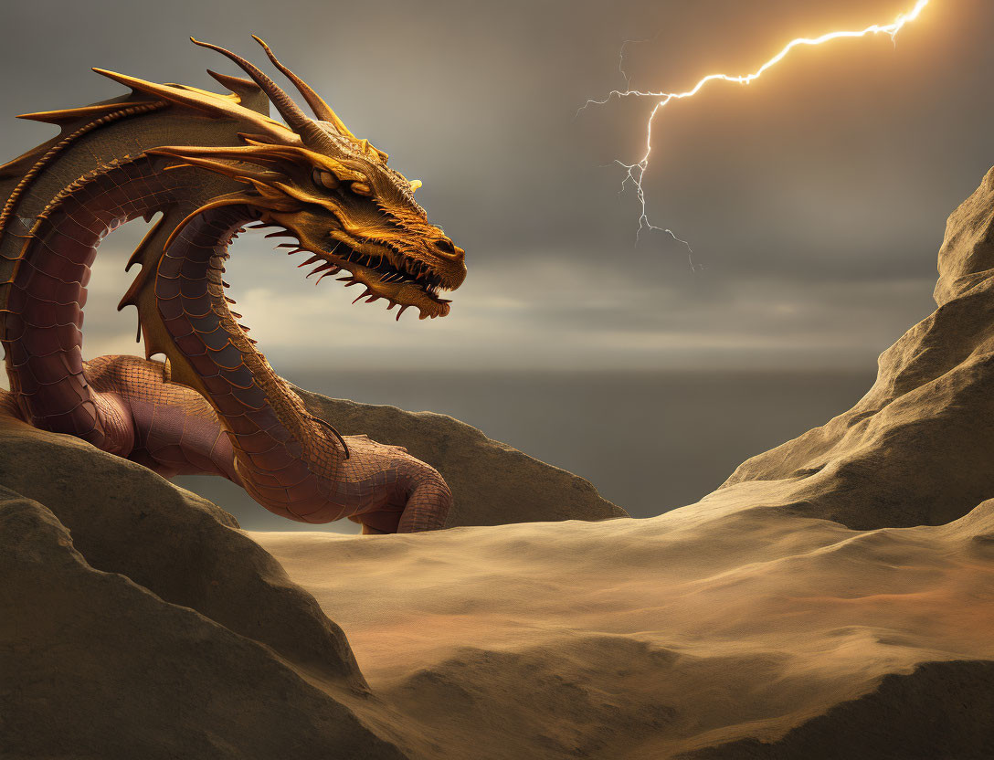 Majestic dragon on rocky cliff with storm clouds & lightning