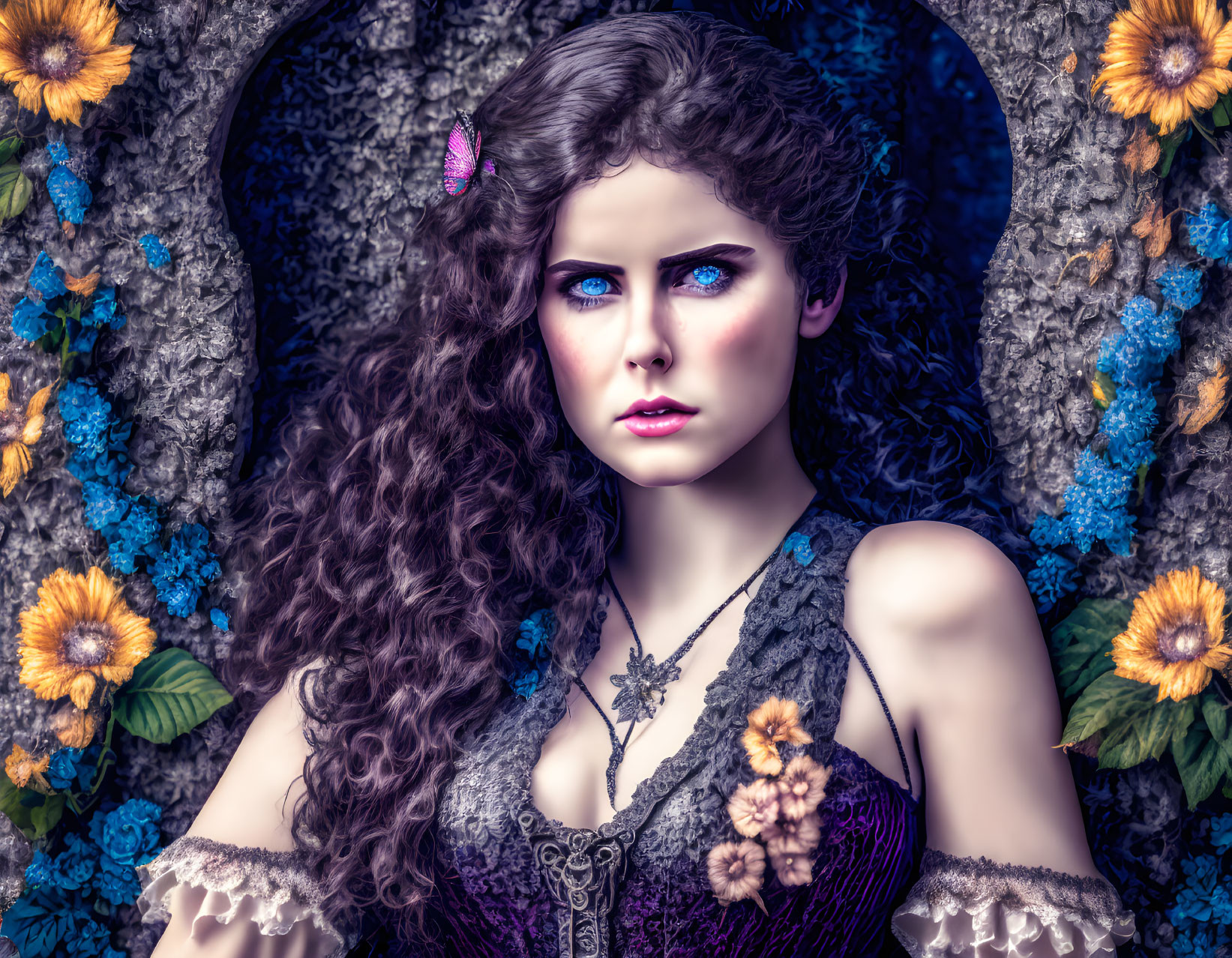 Woman with blue eyes and curly hair in purple dress against floral backdrop