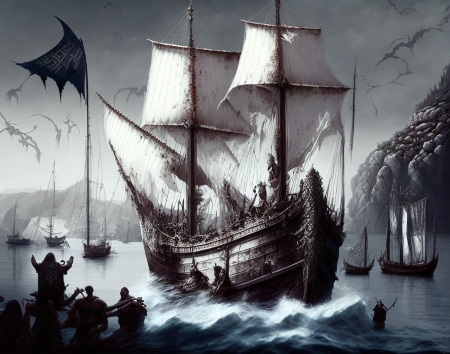 Majestic sailing ship with tattered sails in gloomy harbor with dragon-like creature