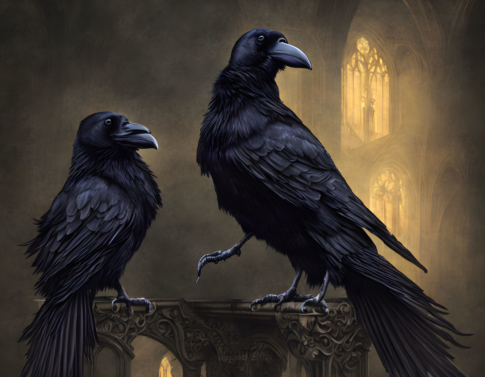 Detailed Ravens Perched on Ornate Railing with Gothic Cathedral Window