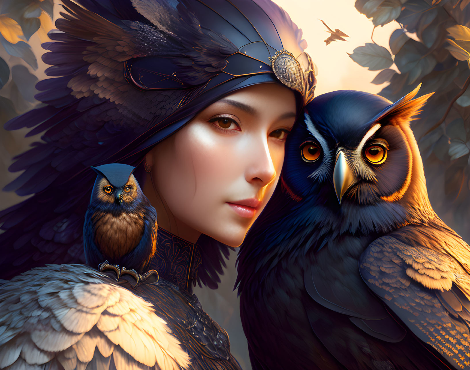 Woman with Feathered Helmet and Owls in Nature Setting