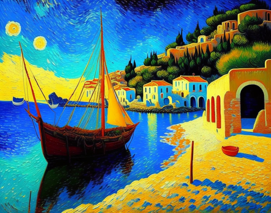 Colorful expressionist harbor scene with sailboat and starry sky