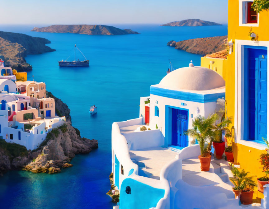 Greek Island: Blue & White Architecture, Vibrant Doors, Plant Pots & Clear Blue Waters