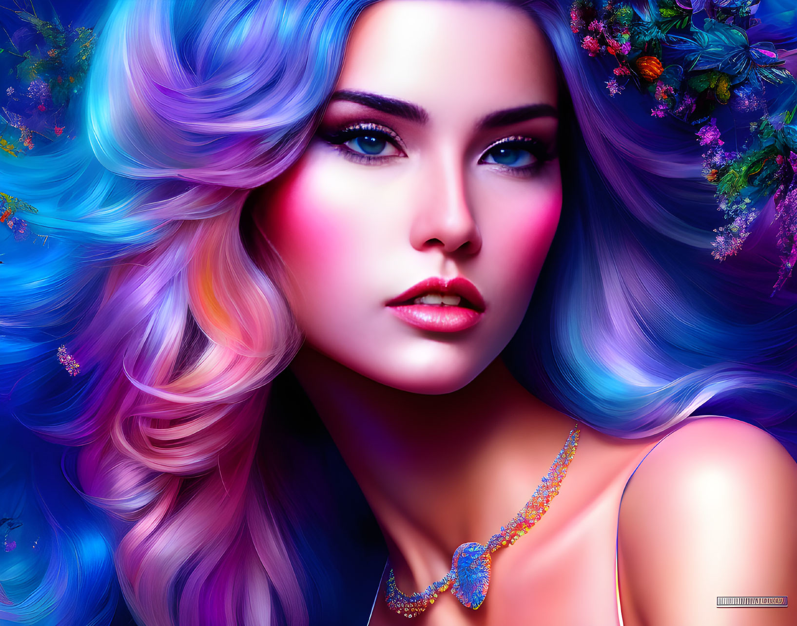 Colorful digital artwork: Woman with multicolored hair and blue eyes, floral and necklace details