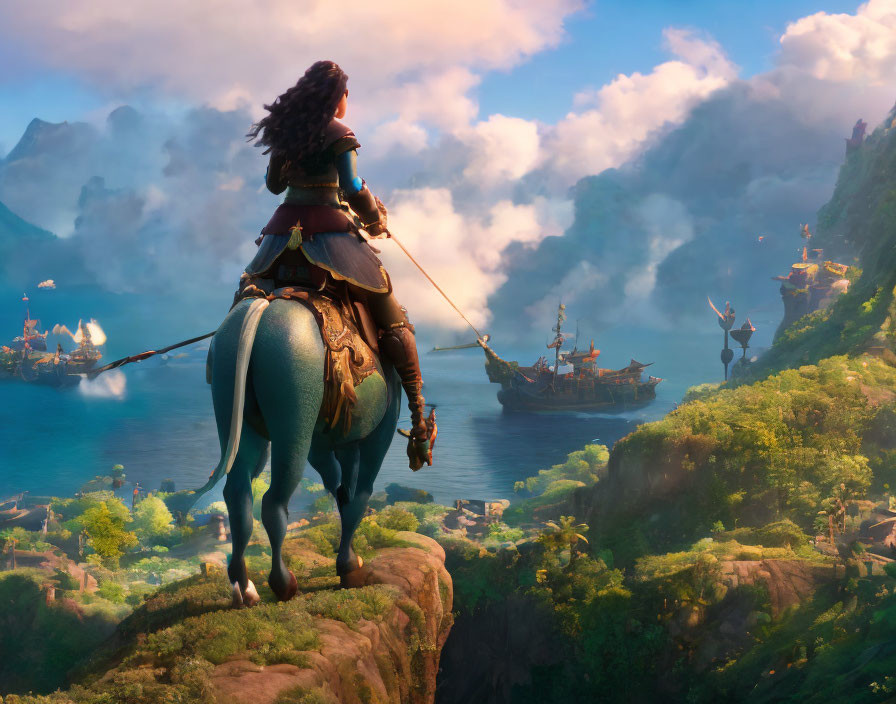 Animated character on horse gazes over lush valley with ships, village, and fog-covered mountains