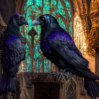 Detailed Ravens Perched on Ornate Railing with Gothic Cathedral Window