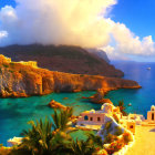 Scenic Greek coastal village with white buildings, blue domes, yacht, cliffs, and cloudy sky