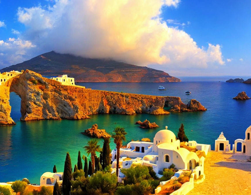 Scenic Greek coastal village with white buildings, blue domes, yacht, cliffs, and cloudy sky