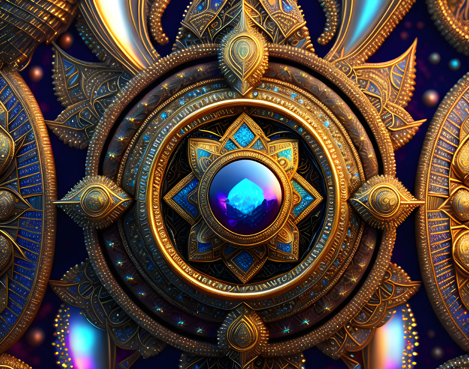 Gold and blue mandala with jewel accents: mystical design.