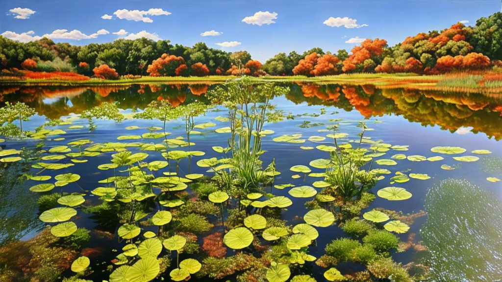 Tranquil lake scene with autumn trees and lily pads