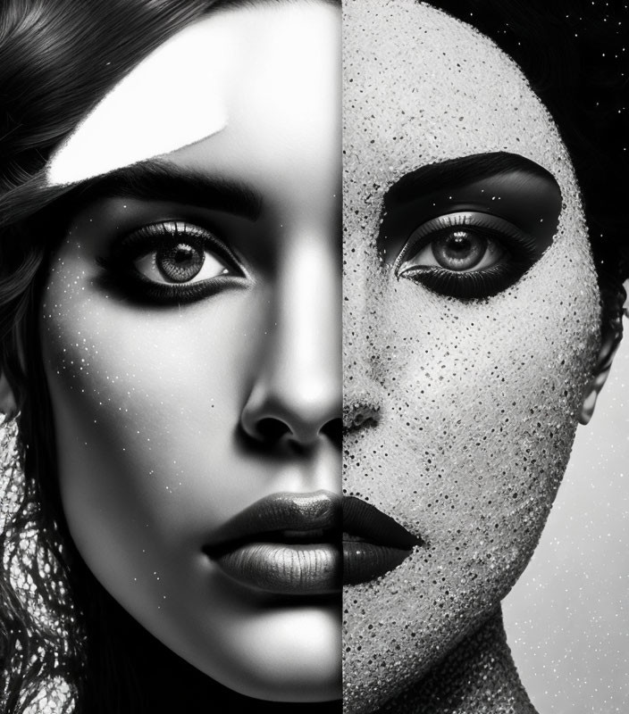 Black and white composite image of woman's face with natural skin and cosmic texture