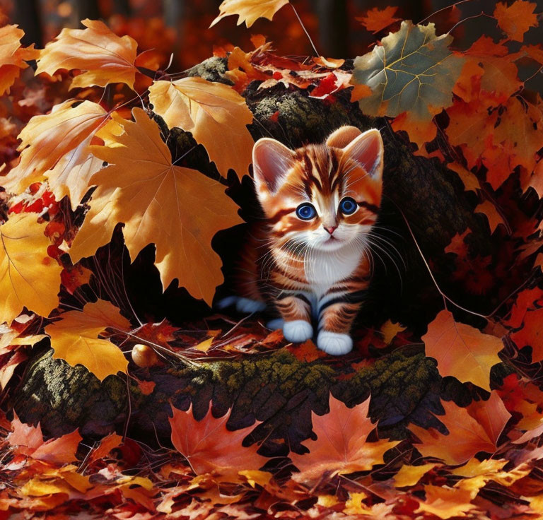 Blue-eyed kitten amidst autumn leaves and brown stripes