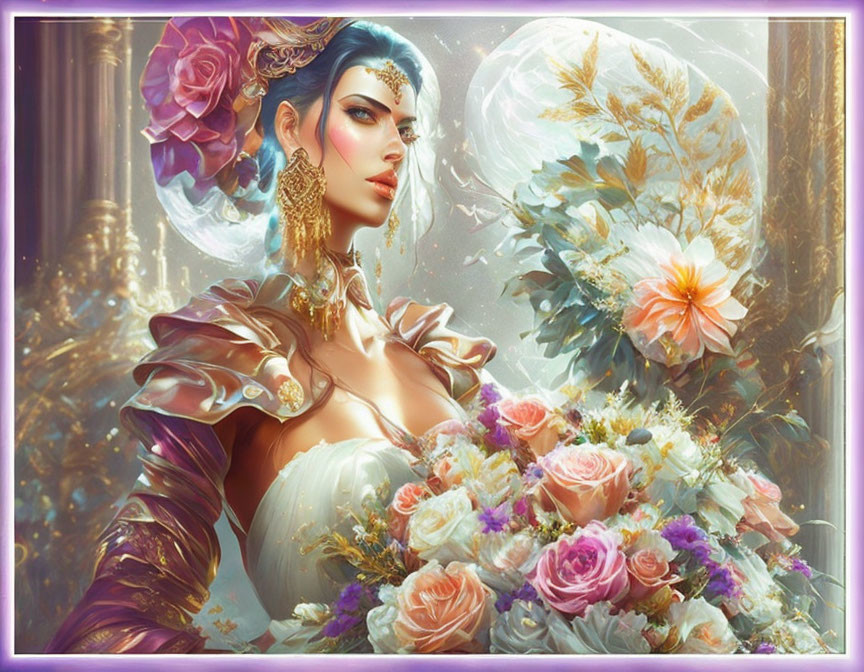 Ethereal woman in floral attire with whimsical aura surrounded by blooms