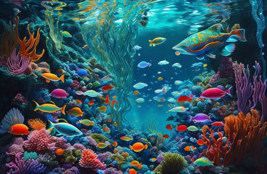 Colorful Fish and Coral in Sunlit Underwater Scene