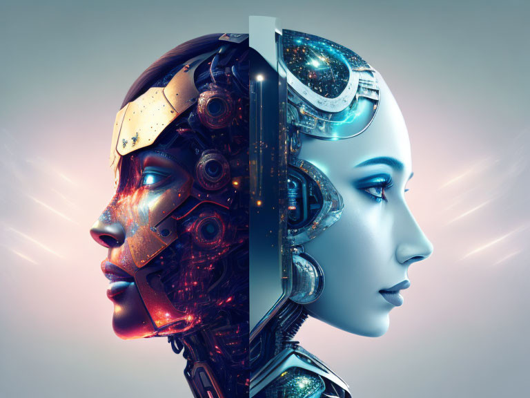 Dual-faced figure with human and robotic features on illuminated background