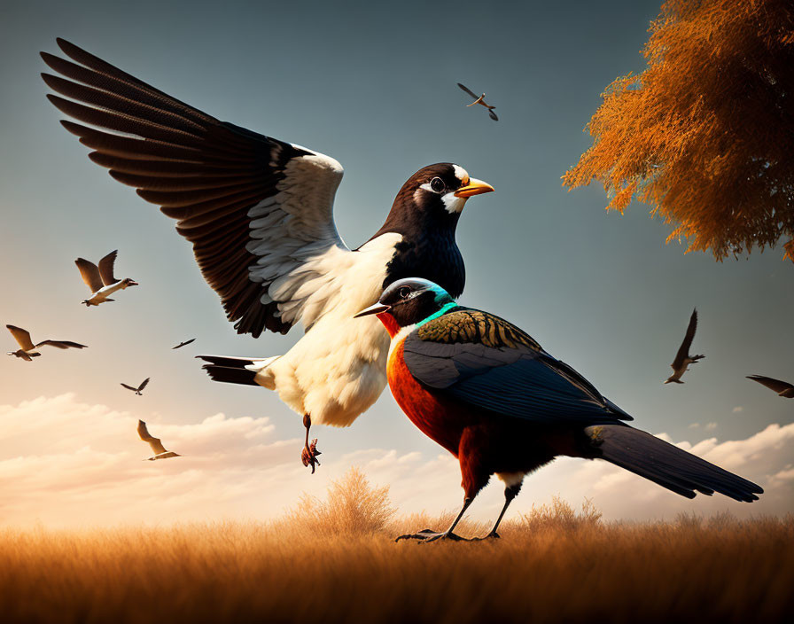 Two birds in flight and perched against warm sky and autumnal trees