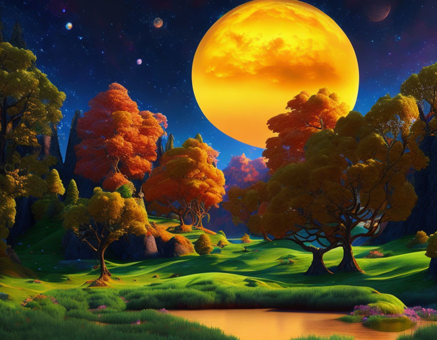 Fantasy landscape with lush trees, serene river, and large orange moon