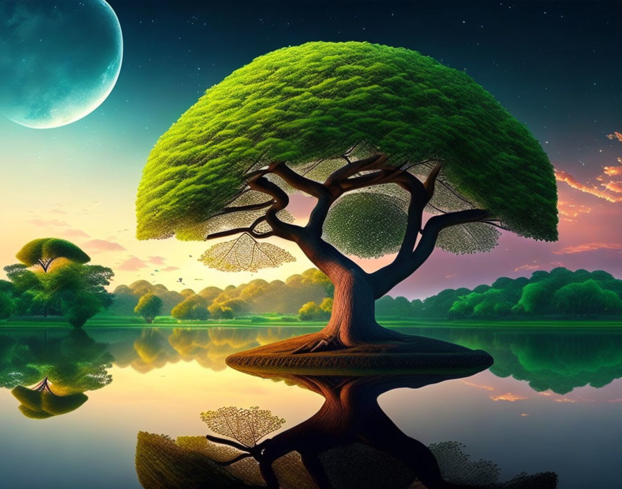 Fantasy landscape with large umbrella-like tree, starry sky, and moon reflected in water