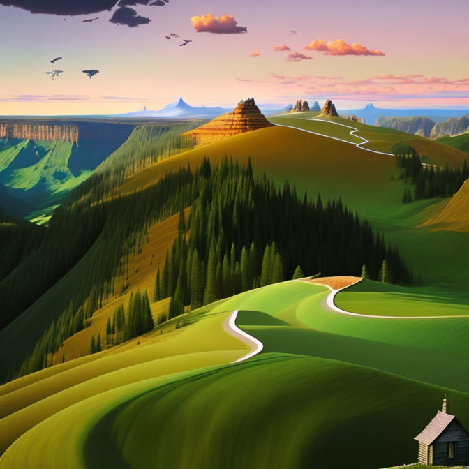 Surreal landscape with green hills, winding road, pine forests, house, and floating islands.