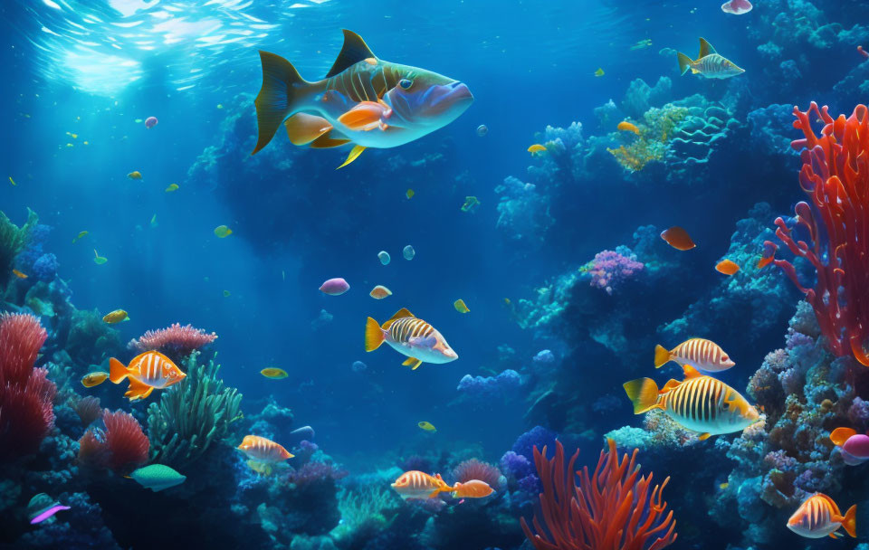 Colorful Fish Swimming in Vibrant Underwater Coral Reef