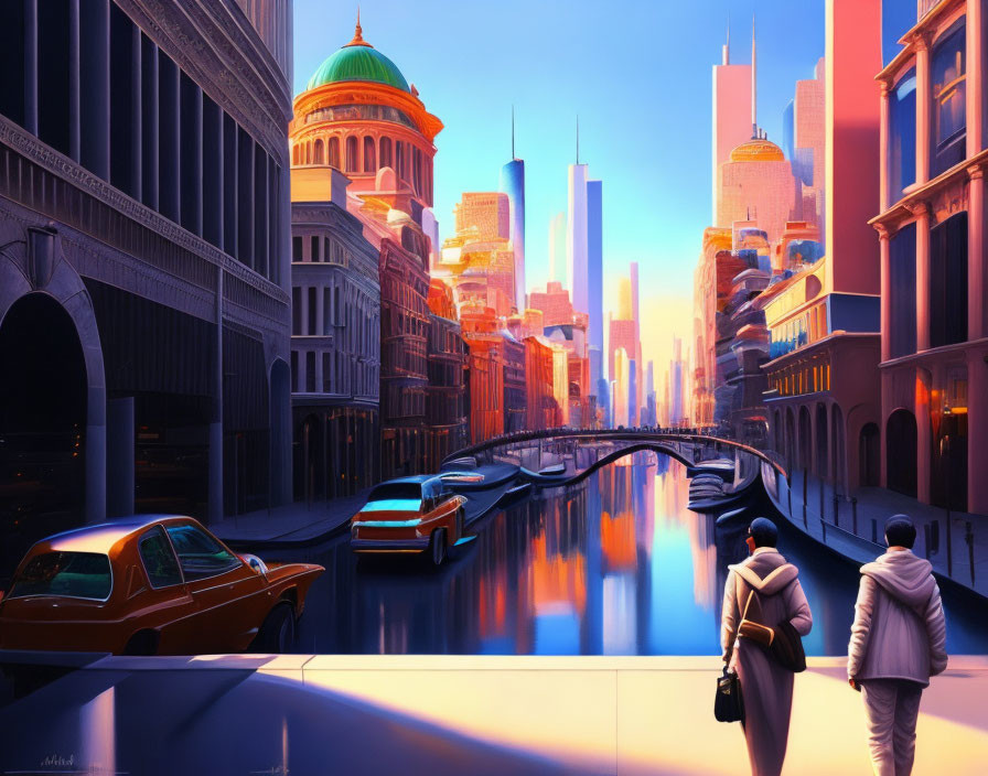 Vibrant futuristic cityscape with canals, cars, couple on bridge, skyscrapers,